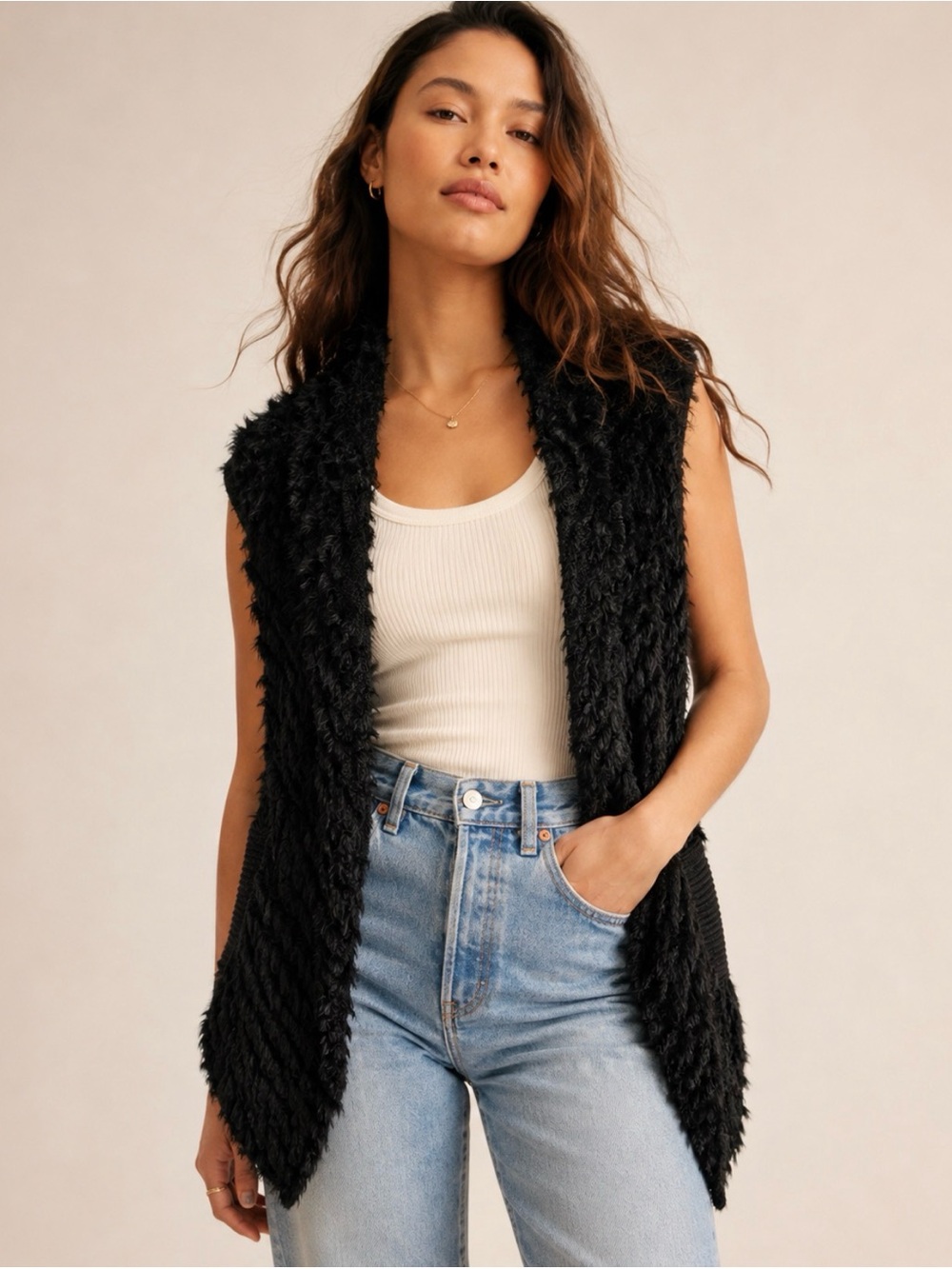Marc by Marc Jacobs Real Rabbit Fur Draped Open-Front Vest – Black One Size